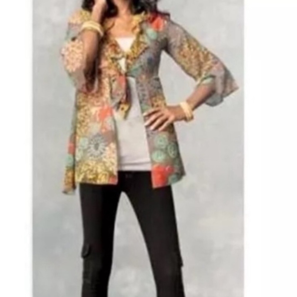 CAbi Shakespeare ruffle tie front kimono top